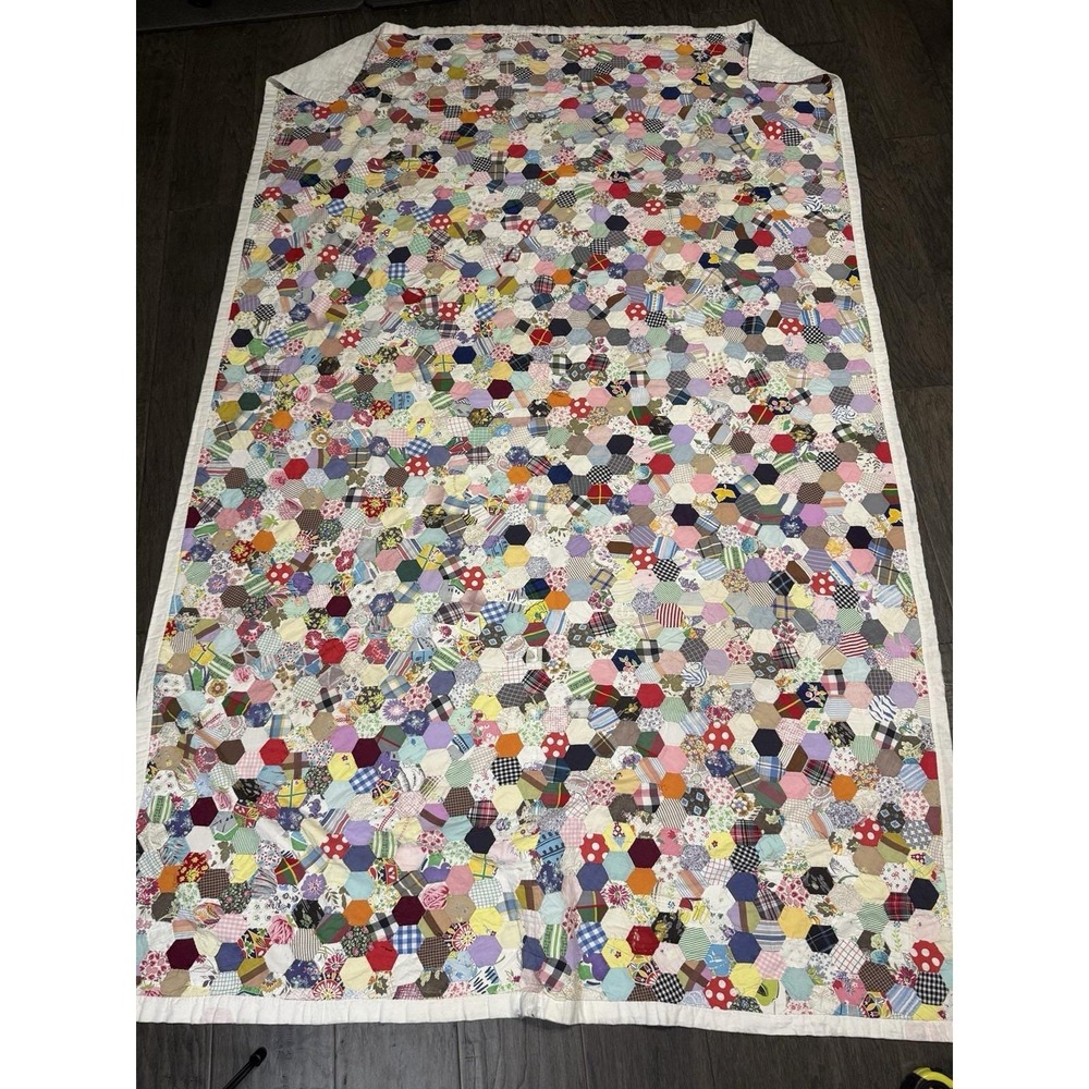 Antique Honeycomb Hexagon Patchwork Quilt Handmade Cutter Tattered English Paper